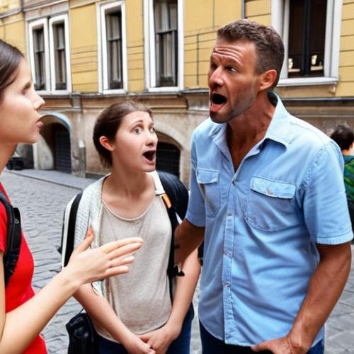 ** A tour guide gesturing passionately while telling a story to a group of tourists, emphasizing body language and engagement. (Focus on communication skills).

**