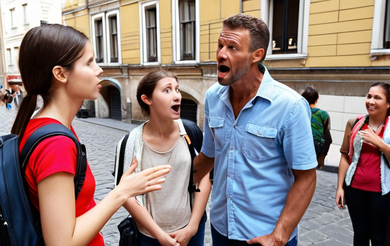 ** A tour guide gesturing passionately while telling a story to a group of tourists, emphasizing body language and engagement. (Focus on communication skills).

**