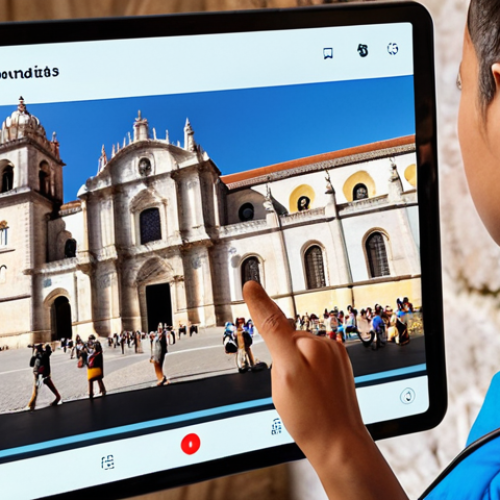 ** A tour guide giving a presentation to a small group of tourists, using a visually appealing slideshow on a tablet. The background should feature a famous landmark in Portugal, like the Jerónimos Monastery.
**Focus:** *Visual appeal and technology in presentations*

**