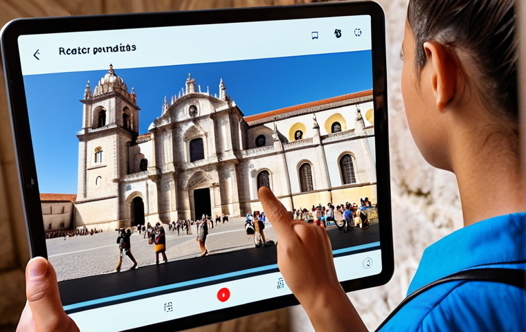 ** A tour guide giving a presentation to a small group of tourists, using a visually appealing slideshow on a tablet. The background should feature a famous landmark in Portugal, like the Jerónimos Monastery.
**Focus:** *Visual appeal and technology in presentations*

**