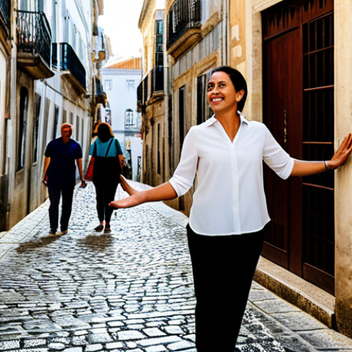 Home 24 A professional Portuguese tour guide, female, in a modest, smart casual outfit (dark trousers, light blouse, comfortable walking shoes), standing in a narrow, historic cobblestone alleyway in Lisbon's Alfama district. She is engaging a small, diverse group of tourists, gesturing towards a vibrant tiled building (azulejos) or a hidden traditional tasca, deeply immersed in her storytelling. The tourists, fully clothed, look curious and engaged. Soft, warm sunlight filters through the buildings, highlighting the authentic atmosphere. safe for work, appropriate content, fully clothed, professional, perfect anatomy, correct proportions, natural pose, well-formed hands, proper finger count, natural body proportions, professional photography, high quality.