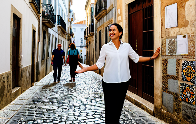 A professional Portuguese tour guide, female, in a modest, smart casual outfit (dark trousers, light blouse, comfortable walking shoes), standing in a narrow, historic cobblestone alleyway in Lisbon's Alfama district. She is engaging a small, diverse group of tourists, gesturing towards a vibrant tiled building (azulejos) or a hidden traditional tasca, deeply immersed in her storytelling. The tourists, fully clothed, look curious and engaged. Soft, warm sunlight filters through the buildings, highlighting the authentic atmosphere. safe for work, appropriate content, fully clothed, professional, perfect anatomy, correct proportions, natural pose, well-formed hands, proper finger count, natural body proportions, professional photography, high quality.