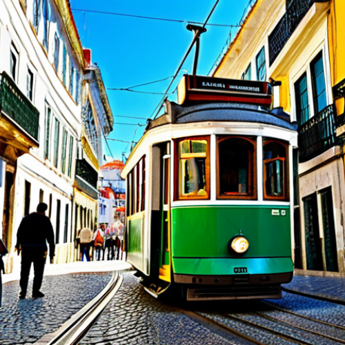 Home 23 Lisbon Tram Scene**
"A vibrant, colorful image of the iconic Tram 28 ascending a steep, cobblestone street in the Alfama district of Lisbon. The tram is fully occupied with diverse, fully clothed passengers enjoying the ride. Traditional Portuguese architecture lines the street, adorned with flower boxes. The sky is clear and sunny. safe for work, appropriate content, fully clothed, professional photography, perfect anatomy, natural proportions, family-friendly, modest scene."
**