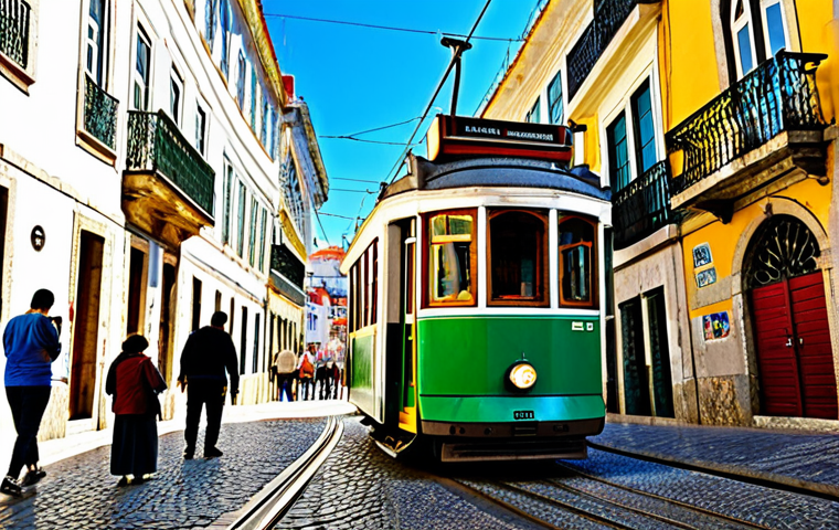 Lisbon Tram Scene**

"A vibrant, colorful image of the iconic Tram 28 ascending a steep, cobblestone street in the Alfama district of Lisbon. The tram is fully occupied with diverse, fully clothed passengers enjoying the ride. Traditional Portuguese architecture lines the street, adorned with flower boxes. The sky is clear and sunny. safe for work, appropriate content, fully clothed, professional photography, perfect anatomy, natural proportions, family-friendly, modest scene."

**