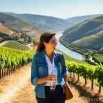 여행안내사로서 전문적인 고객 관리 - **Prompt 1: The Warm Welcome in Douro Valley**
A vibrant, naturalistic portrait of a cheerful fe...