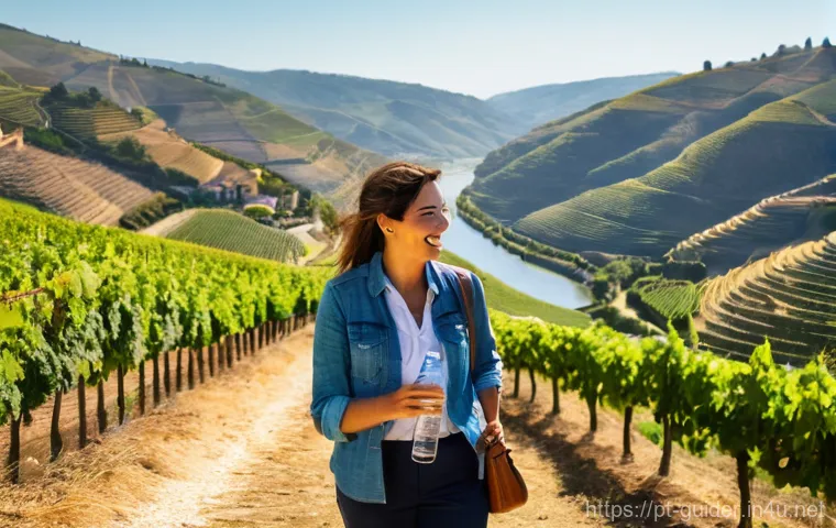 여행안내사로서 전문적인 고객 관리 - **Prompt 1: The Warm Welcome in Douro Valley**
A vibrant, naturalistic portrait of a cheerful fe...