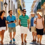 여행안내사 실무에서 사용하는 소프트웨어 - **Prompt:** A dynamic, friendly Portuguese female tour guide, in her mid-30s, stands confidently ami...