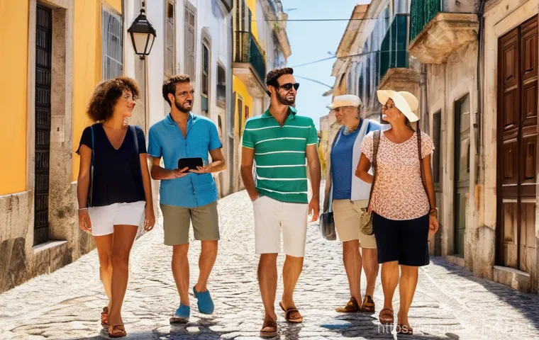 여행안내사 실무에서 사용하는 소프트웨어 - **Prompt:** A dynamic, friendly Portuguese female tour guide, in her mid-30s, stands confidently ami...