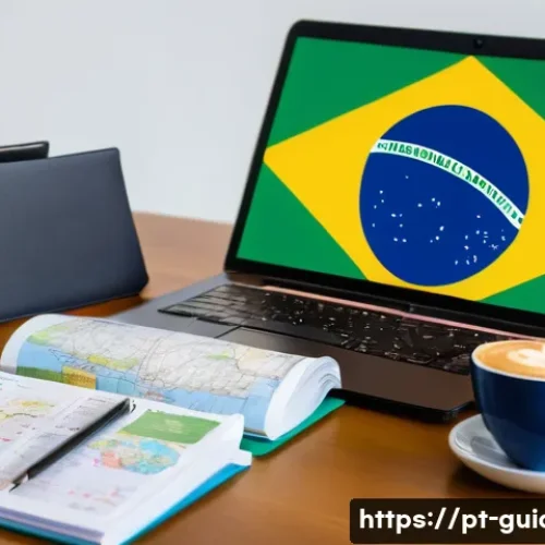 Home 27 여행안내사 시험 과목별 학습법 - A detailed study desk scene featuring a Brazilian travel agent preparing for a tourism legislation e...