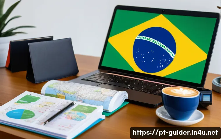 여행안내사 시험 과목별 학습법 - A detailed study desk scene featuring a Brazilian travel agent preparing for a tourism legislation e...
