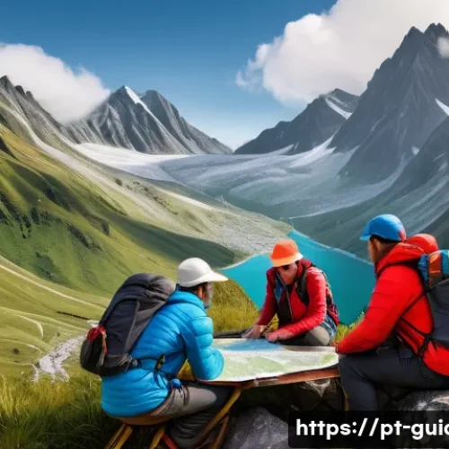 Home 26 여행안내사 업무 중 안전사고 대처법 - A detailed scene of a tour guide briefing a diverse group of travelers in a lush mountainous region ...
