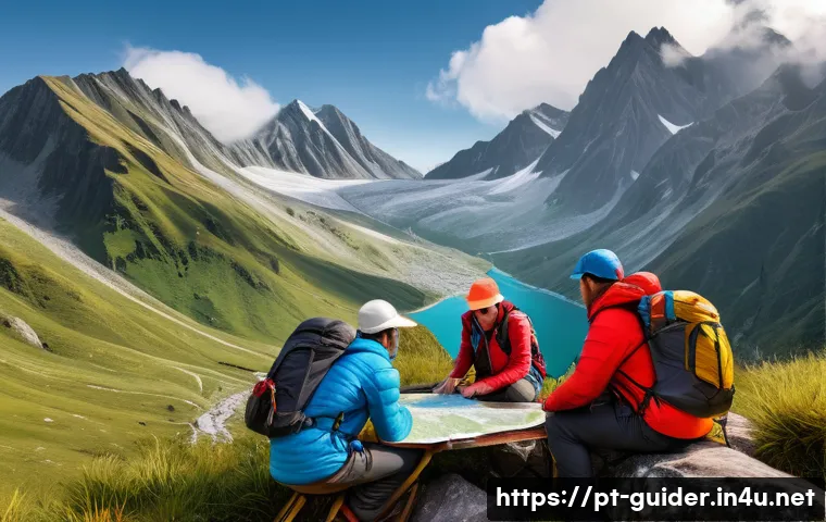 여행안내사 업무 중 안전사고 대처법 - A detailed scene of a tour guide briefing a diverse group of travelers in a lush mountainous region ...