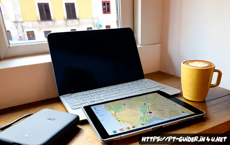 Home 15 여행안내사와 관련된 컴퓨터 활용 능력 - Photorealistic travel guide in Lisbon using a laptop to organize an itinerary, seated at a clean woo...
